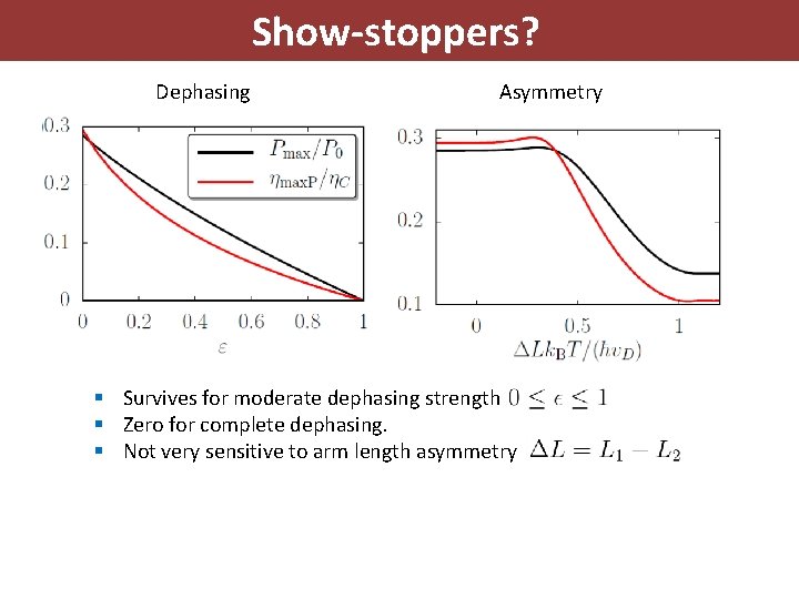 Show-stoppers? Dephasing Asymmetry § Survives for moderate dephasing strength § Zero for complete dephasing.