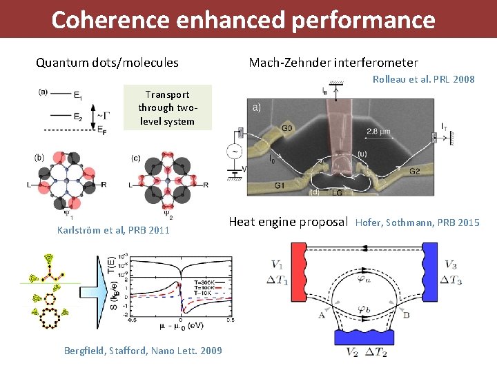 Coherence enhanced performance Quantum dots/molecules Mach-Zehnder interferometer Rolleau et al. PRL 2008 Transport through
