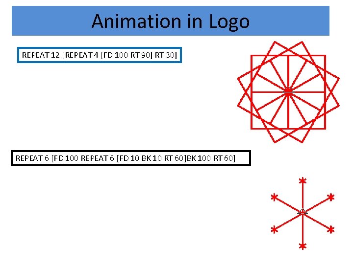 Animation in Logo REPEAT 12 [REPEAT 4 [FD 100 RT 90] RT 30] REPEAT