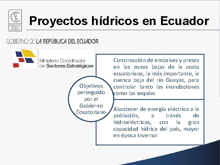 Proyectos hídricos en Ecuador Objetivos perseguido por el Gobierno Ecuatoriano Construcción de embalses y