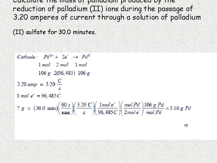 Calculate the mass of palladium produced by the reduction of palladium (II) ions during