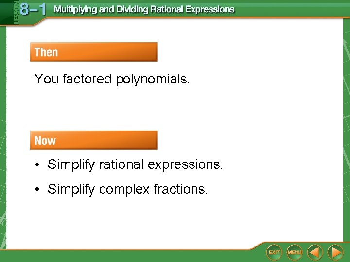 You factored polynomials. • Simplify rational expressions. • Simplify complex fractions. You factored polynomials. • Simplify rational expressions. • Simplify complex fractions.