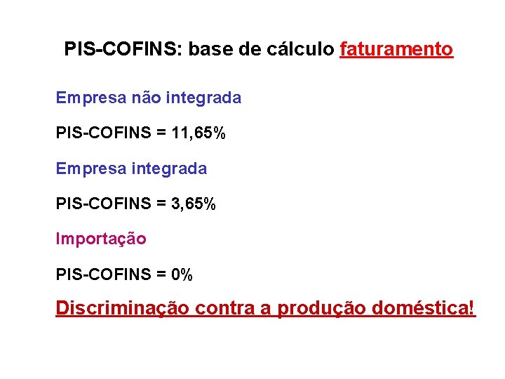 PIS-COFINS: base de cálculo faturamento Empresa não integrada PIS-COFINS = 11, 65% Empresa integrada