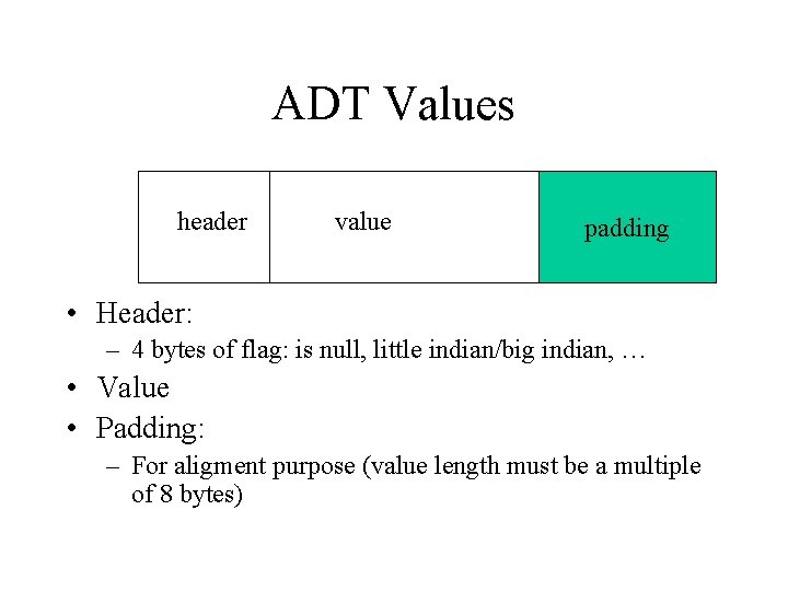 ADT Values header value padding • Header: – 4 bytes of flag: is null, ADT Values header value padding • Header: – 4 bytes of flag: is null,