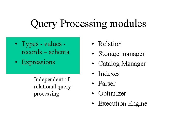 Query Processing modules • Types - values records – schema • Expressions Independent of Query Processing modules • Types - values records – schema • Expressions Independent of