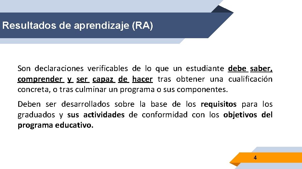 Resultados de aprendizaje (RA) Son declaraciones verificables de lo que un estudiante debe saber,