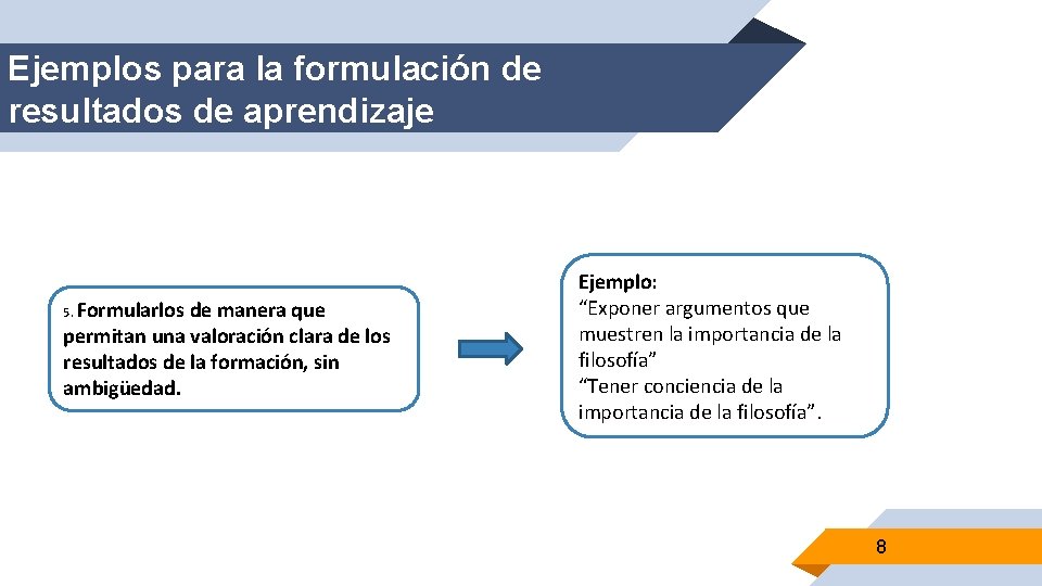 Ejemplos para la formulación de resultados de aprendizaje Formularlos de manera que permitan una