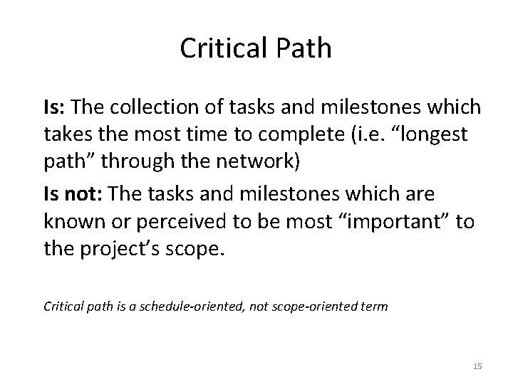 Critical Path Is: The collection of tasks and milestones which takes the most time