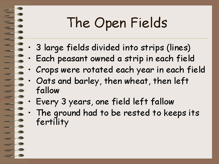 The Open Fields • • 3 large fields divided into strips (lines) Each peasant