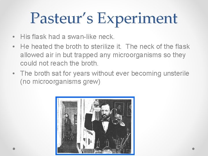 Pasteur’s Experiment • His flask had a swan-like neck. • He heated the broth