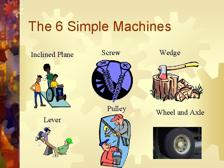 The 6 Simple Machines Inclined Plane Screw Pulley Lever Wedge Wheel and Axle 