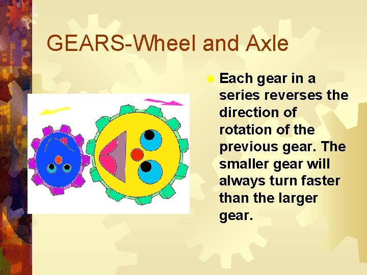 GEARS-Wheel and Axle ® Each gear in a series reverses the direction of rotation