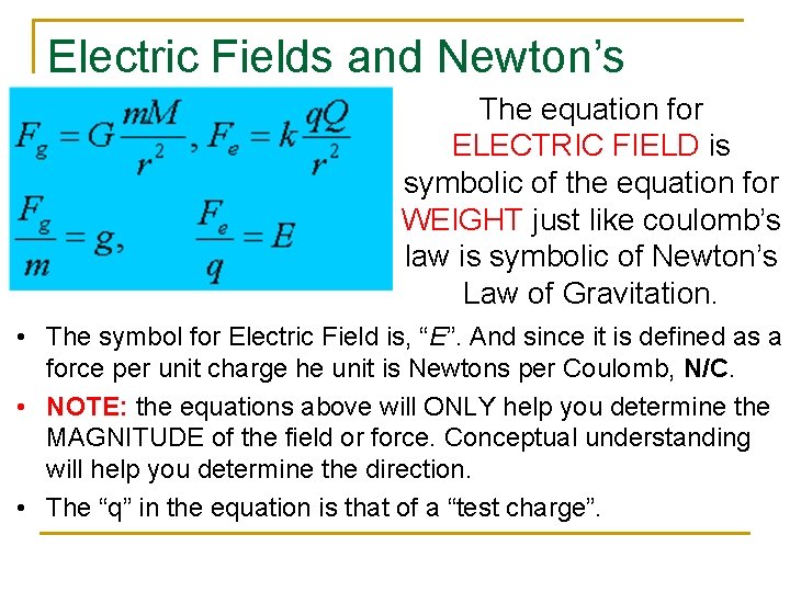 Electric Fields and Newton’s The equation for Laws ELECTRIC FIELD is symbolic of the