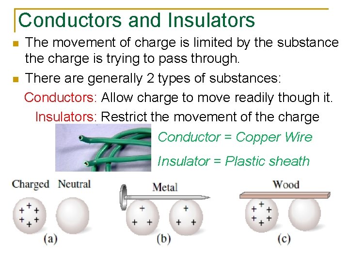Conductors and Insulators n n The movement of charge is limited by the substance