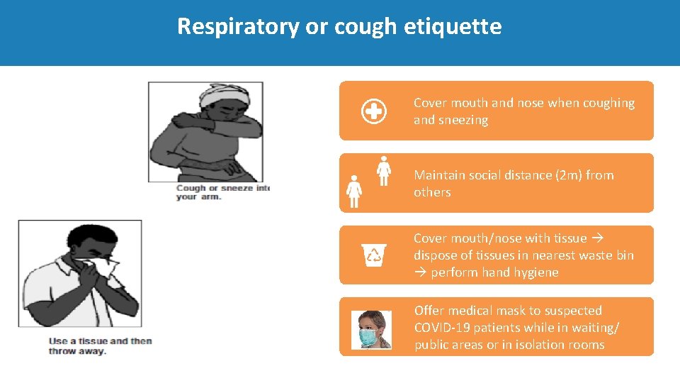 Respiratory or cough etiquette Cover mouth and nose when coughing and sneezing Maintain social