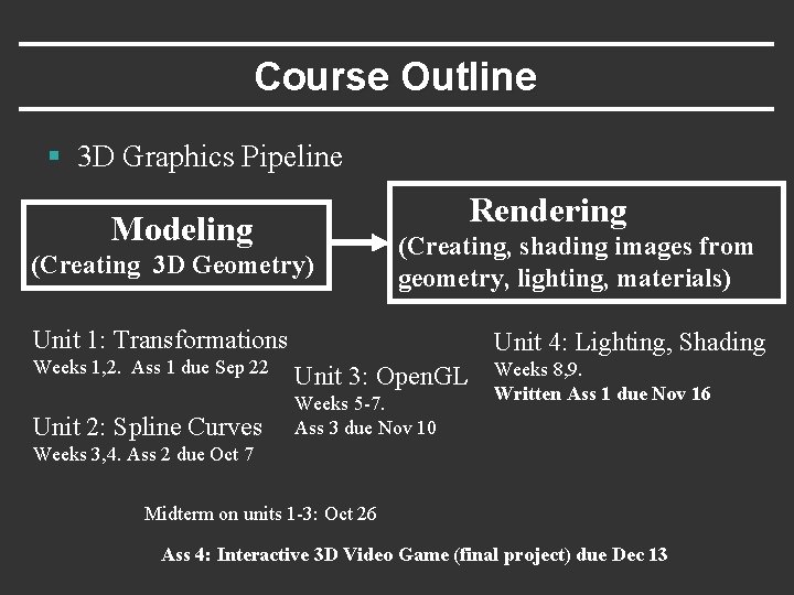 Course Outline § 3 D Graphics Pipeline Rendering Modeling (Creating 3 D Geometry) (Creating,