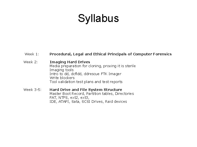Syllabus Week 1: Week 2: Week 3 -5: Procedural, Legal and Ethical Principals of
