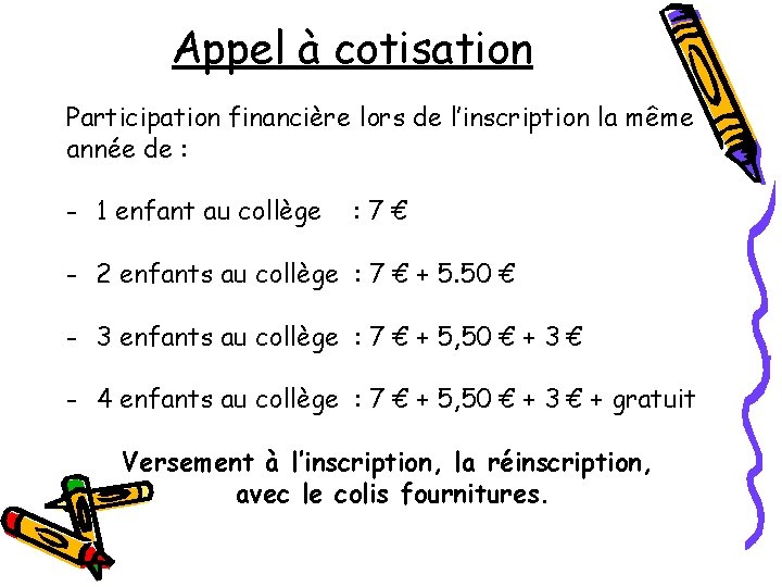 Appel à cotisation Participation financière lors de l’inscription la même année de : -