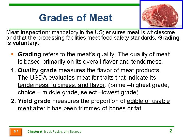 Grades of Meat inspection: mandatory in the US; ensures meat is wholesome and that