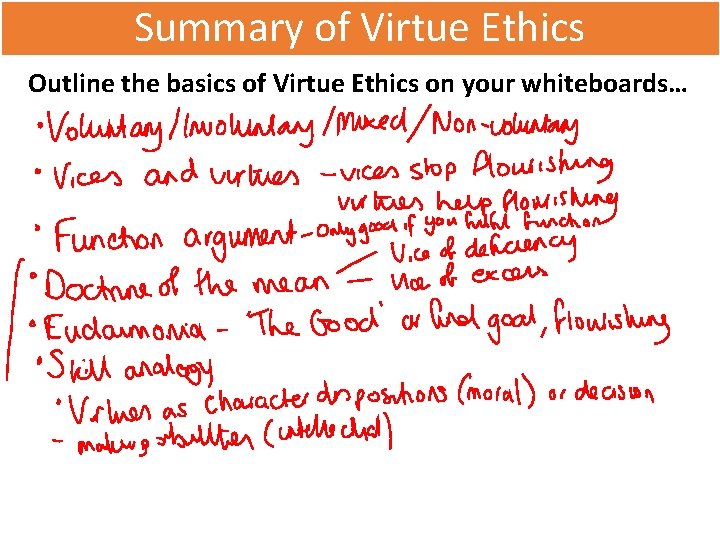 Summary of Virtue Ethics Outline the basics of Virtue Ethics on your whiteboards… 