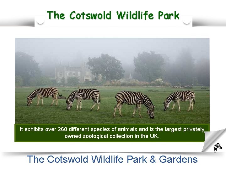 The Cotswold Wildlife Park It exhibits over 260 different species of animals and is