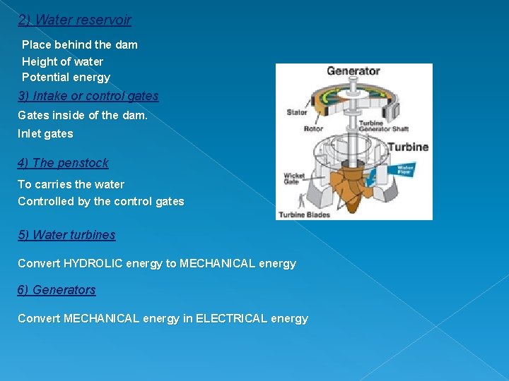2) Water reservoir Place behind the dam Height of water Potential energy 3) Intake