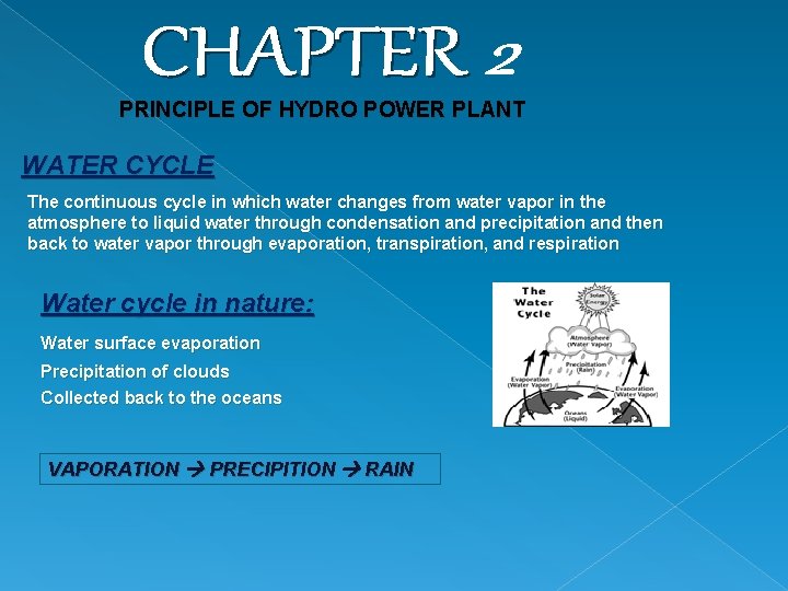 PRINCIPLE OF HYDRO POWER PLANT WATER CYCLE The continuous cycle in which water changes