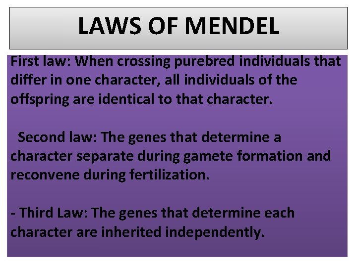 LAWS OF MENDEL First law: When crossing purebred individuals that differ in one character,