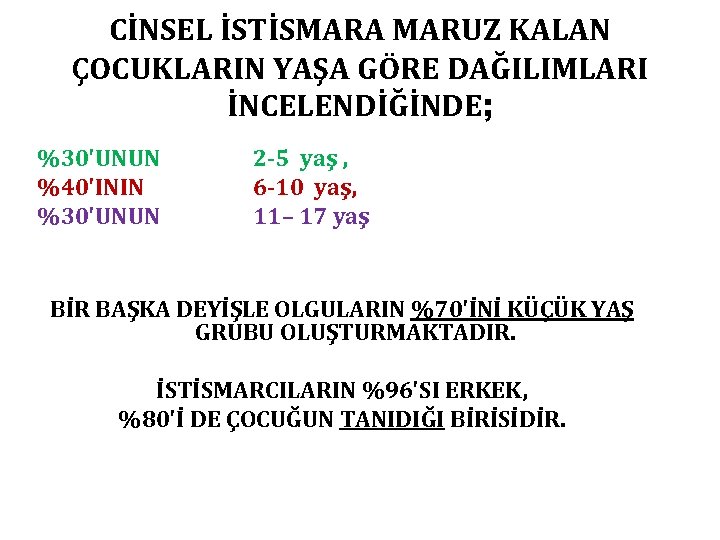 CİNSEL İSTİSMARA MARUZ KALAN ÇOCUKLARIN YAŞA GÖRE DAĞILIMLARI İNCELENDİĞİNDE; %30'UNUN %40'ININ %30'UNUN 2 -5