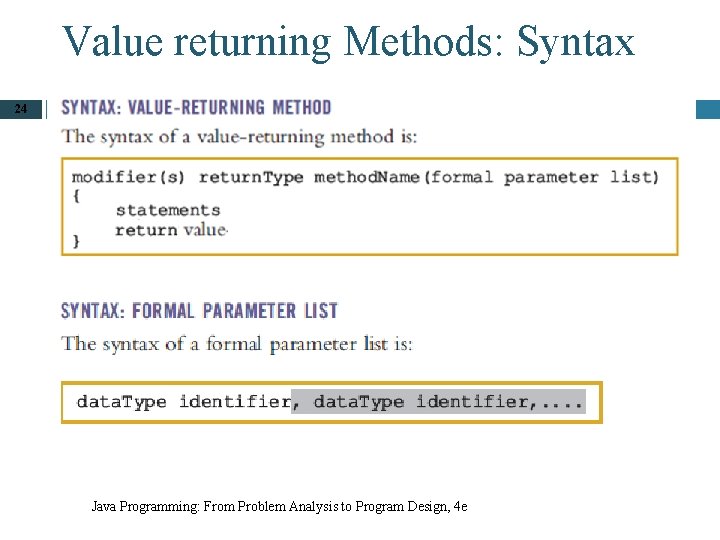 Value returning Methods: Syntax 24 Java Programming: From Problem Analysis to Program Design, 4