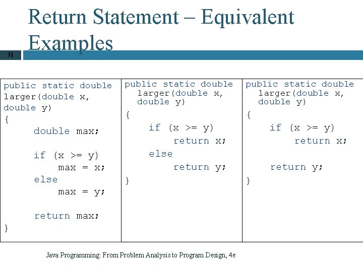 31 Return Statement – Equivalent Examples public static double larger(double x, double y) {