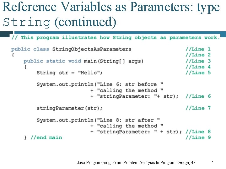 Reference Variables as Parameters: type String (continued) Java Programming: From Problem Analysis to Program