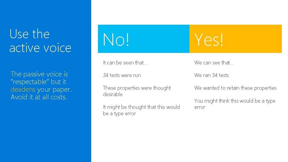 Use the active voice The passive voice is “respectable” but it deadens your paper.