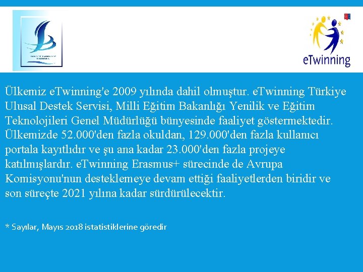  Ülkemiz e. Twinning'e 2009 yılında dahil olmuştur. e. Twinning Türkiye Ulusal Destek Servisi,