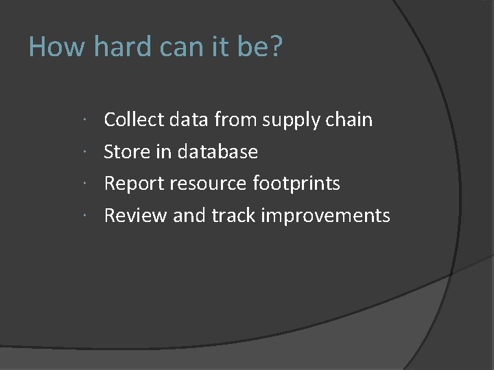 How hard can it be? Collect data from supply chain Store in database Report