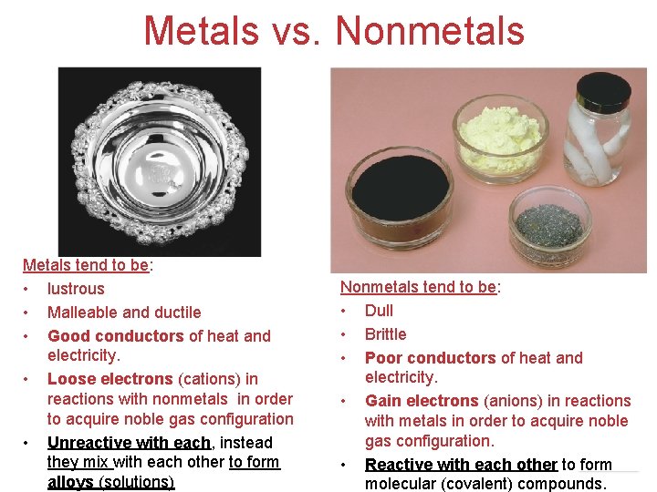 Metals vs. Nonmetals Metals tend to be: • lustrous • Malleable and ductile •