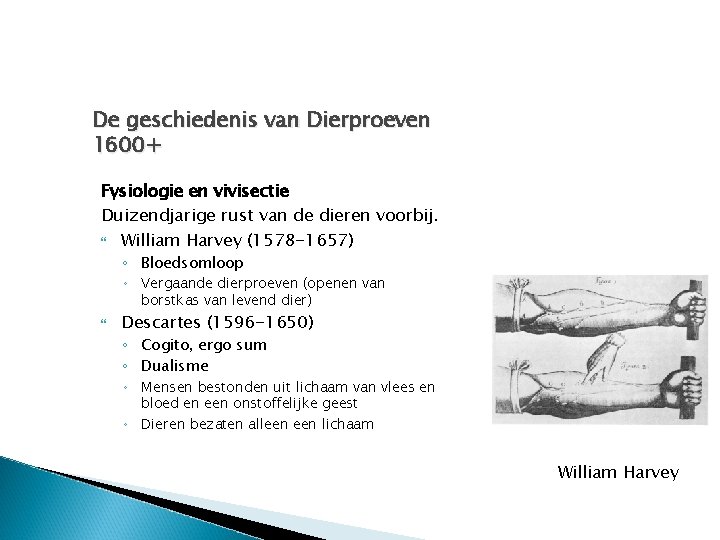 De geschiedenis van Dierproeven 1600+ Fysiologie en vivisectie Duizendjarige rust van de dieren voorbij.