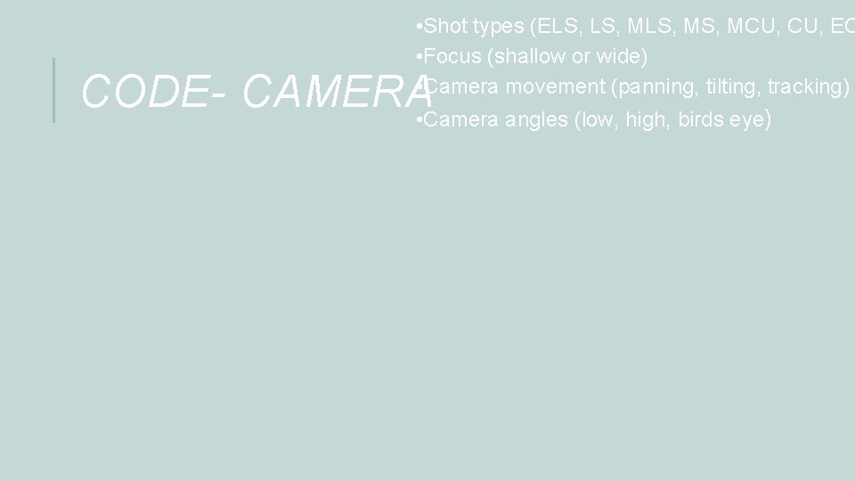  • Shot types (ELS, MLS, MCU, EC • Focus (shallow or wide) •