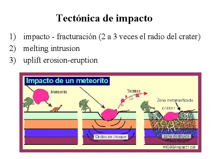 Tectónica de impacto 1) impacto - fracturación (2 a 3 veces el radio del