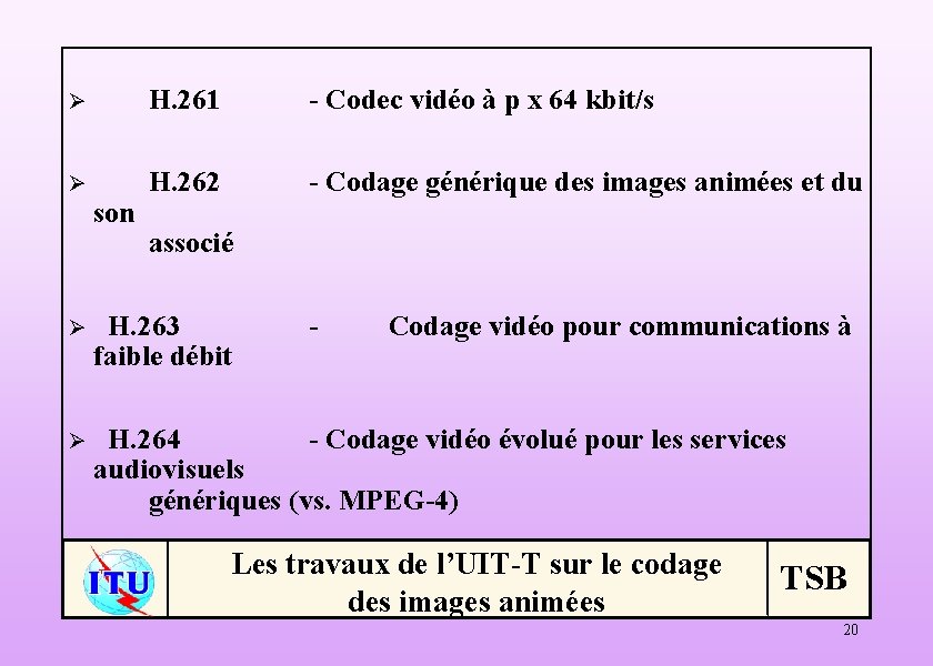 Ø H. 261 - Codec vidéo à p x 64 kbit/s Ø H. 262