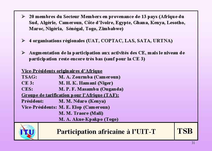 Ø 20 membres du Secteur Members en provenance de 13 pays (Afrique du Sud,