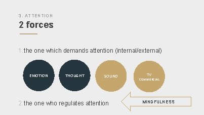 3. ATTENTION 2 forces 1. the one which demands attention (internal/external) EMOTION THOUGHT SOUND