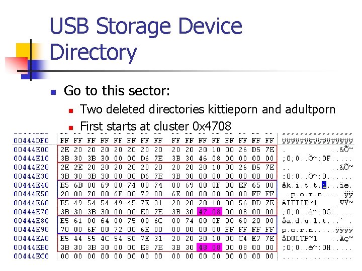 USB Storage Device Directory n Go to this sector: n n Two deleted directories
