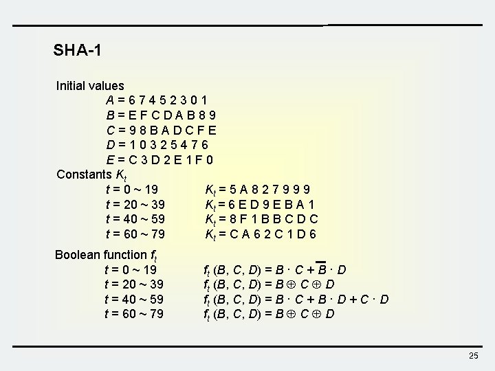 SHA-1 Initial values A=67452301 B=EFCDAB 89 C=98 BADCFE D=10325476 E=C 3 D 2 E SHA-1 Initial values A=67452301 B=EFCDAB 89 C=98 BADCFE D=10325476 E=C 3 D 2 E