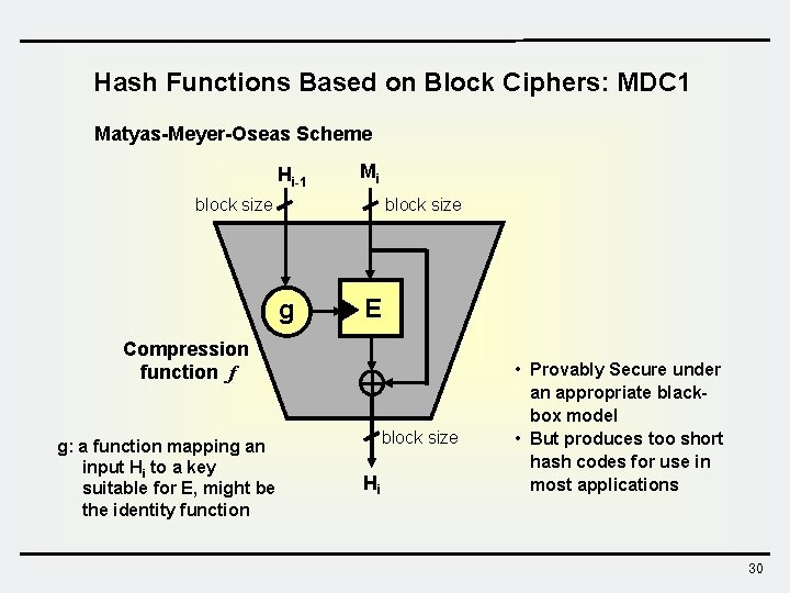 Hash Functions Based on Block Ciphers: MDC 1 Matyas-Meyer-Oseas Scheme Hi-1 Mi block size Hash Functions Based on Block Ciphers: MDC 1 Matyas-Meyer-Oseas Scheme Hi-1 Mi block size