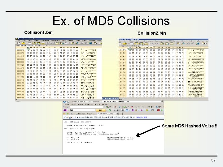 Ex. of MD 5 Collisions Collision 1. bin Collision 2. bin Same MD 5 Ex. of MD 5 Collisions Collision 1. bin Collision 2. bin Same MD 5