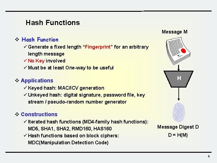 Hash Functions Message M v Hash Function ü Generate a fixed length “Fingerprint” for Hash Functions Message M v Hash Function ü Generate a fixed length “Fingerprint” for