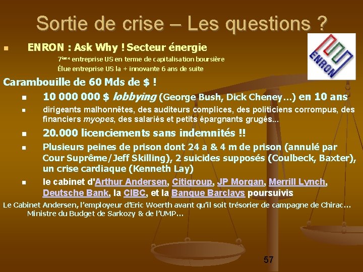 Sortie de crise – Les questions ? ENRON : Ask Why ! Secteur énergie