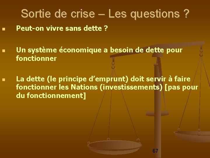 Sortie de crise – Les questions ? Peut-on vivre sans dette ? Un système