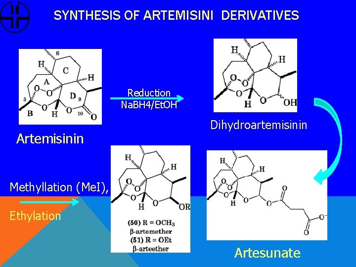 SYNTHESIS OF ARTEMISINI DERIVATIVES Reduction Na. BH 4/Et. OH Artemisinin Dihydroartemisinin Methyllation (Me. I),